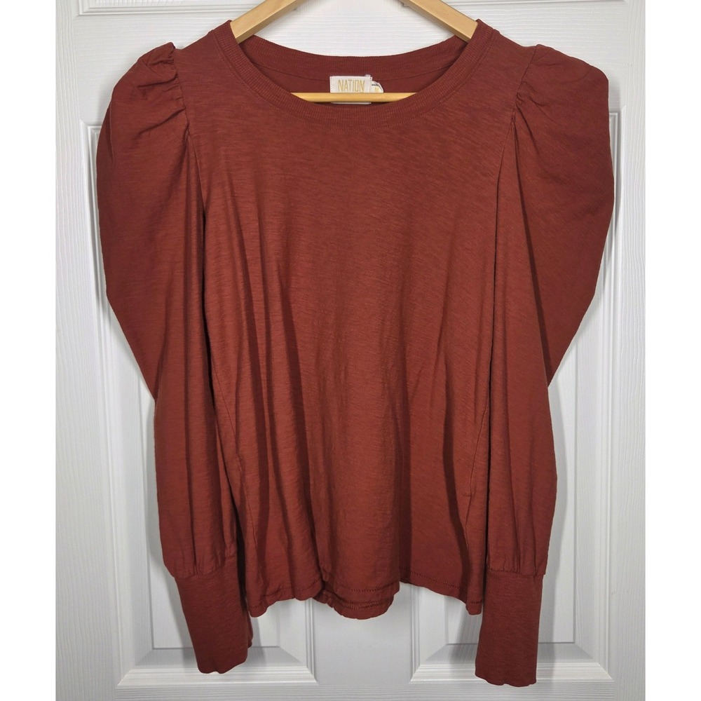 Nation LTD Romy Puff Sleeve Top Rust Terracotta Pima Cotton‎ Slub Size M Cottage - Picture 2 of 8